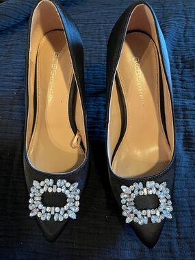 BCBGeneration Black Pointed-Toe Pumps with Crystal Buckle